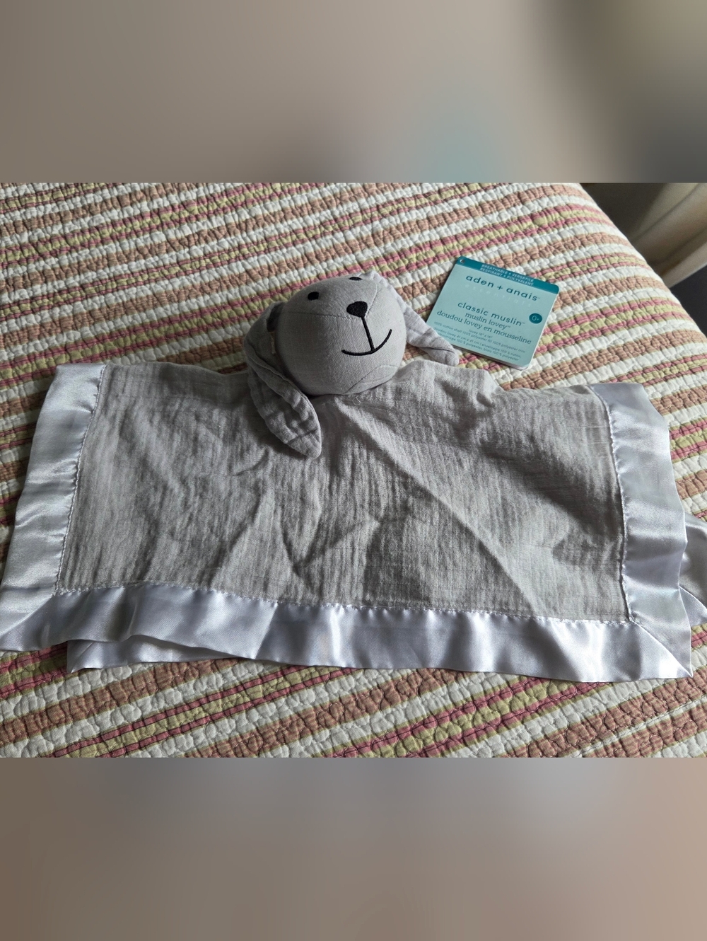 aden + anais Gray Bunny Muslin Lovey with Satin Trim